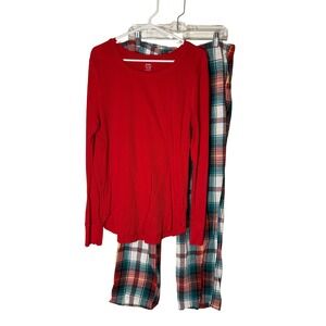 Old Navy Womens Pajama Set XL Tall Red Waffle Knit Top Plaid Flannel Pants
